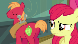 Size: 1280x720 | Tagged: safe, screencap, apple bloom, big macintosh, earth pony, pony, bloom & gloom, g4, season 5, big backintosh, butt, confused, duo, eyes closed, female, filly, foal, looking at someone, looking back, male, mare, plot, stallion