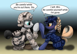 Size: 2500x1750 | Tagged: safe, artist:miniferu, oc, oc only, oc:blasting cap, oc:jack rabbit, pony, unicorn, blabbit, blushing, brother and sister, clothes, female, holding hooves, hoofbump, looking at each other, male, military, military pony, military uniform, navy, officer, siblings, uniform