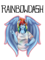 Size: 960x1280 | Tagged: safe, artist:rainbowhitter, rainbow dash, anthro, g4, clothes, female, no eyes, one eye closed, shirt, solo, teeth, thumbs up