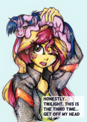 Size: 738x1038 | Tagged: safe, artist:buttersprinkle, sunset shimmer, twilight sparkle, human, pony, equestria girls, g4, cute, one eye closed, open mouth, ponies riding humans, pony hat, riding, shimmerbetes, size difference, text, tiny, tiny ponies, traditional art, twiabetes, twilight riding sunset shimmer