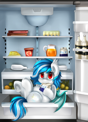 Size: 2550x3509 | Tagged: safe, artist:pridark, oc, oc only, oc:snowflake, bat pony, pony, biting, caught, cheese, chubby, commission, cute, egg (food), fangs, female, food, high res, juice, milk, orange juice, red eyes, refrigerator, solo, underhoof