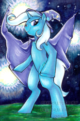 Size: 706x1070 | Tagged: safe, artist:catscratchpony, artist:drakenbyte, trixie, pony, g4, bipedal, collaboration, female, fireworks, smiling, solo, watermark