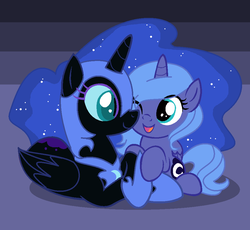 Size: 974x898 | Tagged: dead source, safe, artist:equestria-prevails, artist:theventuriangirl, nightmare moon, princess luna, pony, g4, season 1, base used, cuddling, cute, duality, female, filly, lunabetes, moonabetes, nightmare woon, s1 luna, self ponidox, snuggling, woona, younger