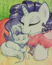 Size: 810x1023 | Tagged: safe, artist:gleamydreams, opalescence, rarity, cat, pony, g4, bathrobe, clothes, eyes closed, nuzzling, opalbetes, robe, robes, snuggling, traditional art