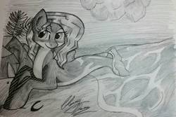 Size: 1367x915 | Tagged: safe, artist:gleamydreams, oc, oc only, oc:marina (efnw), orca pony, original species, everfree northwest, monochrome, solo, traditional art