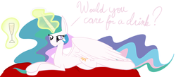 Size: 1264x552 | Tagged: safe, artist:ajrinxooacj, princess celestia, g4, alcohol, bronybait, champagne, female, levitation, magic, missing accessory, prone, solo, telekinesis, wine