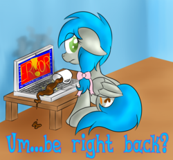 Size: 1316x1217 | Tagged: safe, artist:laptopbrony, oc, oc only, oc:darcy sinclair, brb, coffee, coffee mug, computer, laptop computer, looking back, smoke, solo, spill, table