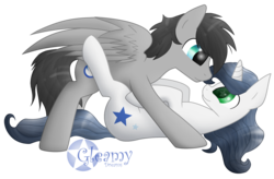 Size: 2976x1953 | Tagged: safe, artist:gleamydreams, oc, oc only, oc:gleamy, oc:helicity, pegasus, pony, unicorn, cuddling, duo, female, gleamicity, looking at each other, looking at someone, lying down, mare, on back, snuggling, watermark