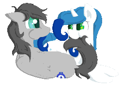 Size: 700x500 | Tagged: safe, artist:gleamydreams, oc, oc only, oc:gleamy, oc:helicity, pony, animated, blinking, duo, gleamicity, nom, tail bite, tail chewing