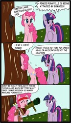 Size: 906x1562 | Tagged: safe, artist:ciriliko, pinkie pie, twilight sparkle, g4, comic, creeper, rocket launcher