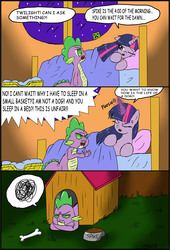 Size: 2137x3142 | Tagged: safe, artist:ciriliko, spike, twilight sparkle, g4, comic, creeper, doghouse, engrish