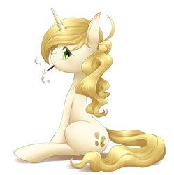 Size: 1020x1024 | Tagged: artist needed, safe, sweet biscuit, pony, g4, adorabiscuit, colored pupils, cute, female, food, looking at you, pocky, shadow, simple background, sitting, solo, white background