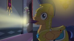 Size: 849x477 | Tagged: safe, artist:brutalweather studio, screencap, flash sentry, pegasus, pony, the cutie remark prequel, g4, flashlight (object), mouth hold, show accurate, youtube link