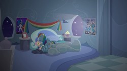 Size: 851x475 | Tagged: safe, artist:brutalweather studio, fluttershy, rainbow dash, pegasus, pony, the cutie remark prequel, g4, doll, female, implied flutterdash, mare, poster, rainbow dash's house, show accurate, sleeping, solo, toy, youtube link