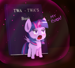 Size: 1600x1463 | Tagged: safe, artist:nihithebrony, twilight sparkle, alicorn, pony, g4, angry, blushing, book, bookhorse, chibi, cute, female, force field, glowing, glowing horn, horn, madorable, open mouth, possessive, solo, spread wings, that pony sure does love books, twilight sparkle (alicorn)