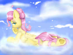 Size: 1600x1200 | Tagged: safe, artist:nihithebrony, fluttershy, pegasus, pony, g4, alternate hairstyle, cloud, female, hair bun, looking back, prone, solo, underhoof