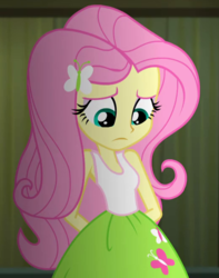 Size: 520x660 | Tagged: safe, screencap, fluttershy, equestria girls, g4, my little pony equestria girls: rainbow rocks, arm behind back, clothes, cropped, female, solo, tank top