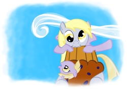 Size: 1425x1005 | Tagged: safe, artist:therecliner27, derpy hooves, dinky hooves, pegasus, pony, g4, equestria's best mother, female, food, giggling, mare, mother and daughter, muffin, sky