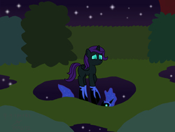 Size: 2760x2080 | Tagged: safe, artist:gogglesparks, nightmare moon, oc, oc:nyx, alicorn, pony, fanfic:past sins, g4, alicorn oc, puddle, reflection, two sides, water