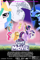 Size: 1277x1900 | Tagged: safe, applejack, fluttershy, nightmare moon, pinkie pie, princess celestia, rainbow dash, rarity, twilight sparkle, g4, my little pony: the movie, allspark pictures, big crown thingy, elements of harmony, fake, jewelry, lionsgate, mane six, poster, regalia