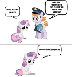 Size: 3048x3288 | Tagged: safe, artist:delzepp, copper top, sweetie belle, g4, email, email address, high res, police officer, police pony, sad, simple background, vector, white background