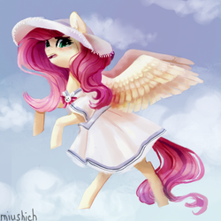 Size: 700x700 | Tagged: safe, artist:miushich, fluttershy, g4, clothes, dress, female, flying, hat, solo