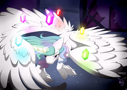 Size: 3035x2149 | Tagged: safe, artist:twigpony, princess celestia, g4, castle of the royal pony sisters, elements of harmony, female, high res, jewelry, large wings, magic, regalia, solo, spread wings, telekinesis, unshorn fetlocks, window