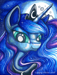 Size: 2480x3269 | Tagged: safe, artist:lunar-white-wolf, princess luna, g4, female, high res, markers, moon, portrait, solo, traditional art