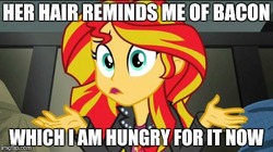 Size: 490x275 | Tagged: safe, edit, edited screencap, screencap, sunset shimmer, equestria girls, g4, bacon hair, caption, female, grammar error, image macro, meme, solo