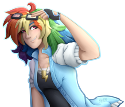 Size: 2000x1700 | Tagged: safe, artist:monnarcha, rainbow dash, human, g4, clothes, female, goggles, humanized, simple background, solo, transparent background