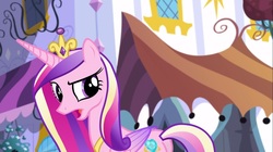 Size: 1100x618 | Tagged: safe, screencap, princess cadance, pony, g4, princess spike, butt, cadance is not amused, concerned, crown, female, folded wings, jewelry, lovebutt, mare, plot, regalia, solo, tiara, unamused, wings