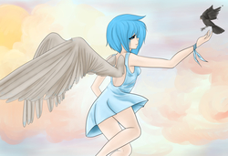 Size: 4888x3342 | Tagged: safe, artist:zombiicrow, oc, oc only, oc:charity angel, bird, human, flying, humanized, solo, winged humanization