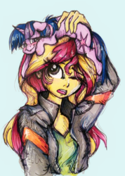 Size: 738x1038 | Tagged: safe, artist:buttersprinkle, sunset shimmer, twilight sparkle, human, pony, equestria girls, g4, blushing, cute, floppy ears, looking up, one eye closed, open mouth, ponies riding humans, pony hat, riding, sheepish grin, shimmerbetes, simple background, size difference, tiny ponies, traditional art, twiabetes, twilight riding sunset shimmer