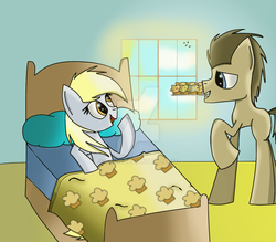 Size: 1024x896 | Tagged: safe, artist:rai2n, derpy hooves, doctor whooves, time turner, pegasus, pony, g4, bed, bedsheets, breakfast, breakfast in bed, cute, female, food, male, mare, mouth hold, muffin, ship:doctorderpy, shipping, straight, tray