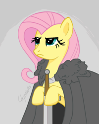 Size: 743x931 | Tagged: safe, artist:chopsticks, fluttershy, pony, g4, .svg available, badass, brace yourselves, female, flutterbadass, game of thrones, meme, rule 85, solo, svg, sword, vector, weapon, winter is coming
