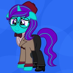 Size: 1433x1431 | Tagged: safe, artist:aquaseasplash, oc, oc only, oc:aqua splash, blazer, bowtie, clothes, cosplay, costume, crossover, doctor who, eleventh doctor, fez, floppy ears, glasses, hat, pants, round glasses, shirt, solo, tweed