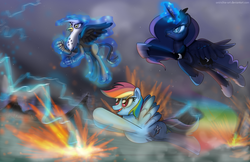 Size: 1500x971 | Tagged: safe, artist:ladyanidraws, gilda, princess luna, rainbow dash, griffon, g4, battlefield, explosion, flying, lightning, magic, storm