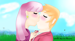 Size: 1002x551 | Tagged: safe, artist:wrath-marionphauna, big macintosh, cheerilee, human, g4, blushing, duo, ear piercing, earring, eyes closed, female, humanized, jewelry, kiss on the lips, kissing, male, piercing, ship:cheerimac, shipping, straight