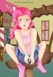 Size: 900x1291 | Tagged: safe, artist:wrath-marionphauna, pinkie pie, human, g4, blushing, boots, clothes, female, humanized, shorts, solo, sugarcube corner, table, tank top