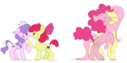 Size: 1024x514 | Tagged: safe, artist:phineaddict, apple bloom, diamond tiara, fluttershy, pinkie pie, earth pony, pegasus, pony, g4, blushing, eyes closed, female, filly, foal, hoof on chin, kissing, lesbian, mare, ship:diamondbloom, ship:flutterpie, shipping