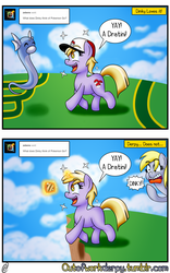 Size: 1280x2052 | Tagged: safe, artist:outofworkderpy, derpy hooves, dinky hooves, dratini, pegasus, pony, unicorn, g4, cliff, comic, cute, female, filly, mare, pokémon, pokémon go, this will end in tears and/or death, walking