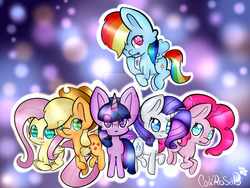 Size: 900x675 | Tagged: safe, artist:colirosablitz, applejack, fluttershy, pinkie pie, rainbow dash, rarity, twilight sparkle, alicorn, pony, g4, chibi, mane six, twilight sparkle (alicorn), watermark