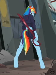 Size: 4560x6080 | Tagged: safe, artist:toxic-mario, rainbow dash, anthro, unguligrade anthro, g4, absurd resolution, female, kill la kill, parody, ryuko matoi, solo, sword, weapon