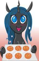 Size: 1462x2267 | Tagged: safe, artist:sugarbrokenheart, queen chrysalis, changeling, changeling queen, g4, cookie, cute, cutealis, female, food, looking at you, solo