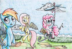 Size: 4955x3395 | Tagged: safe, artist:smellslikebeer, fluttershy, pinkie pie, rainbow dash, g4, butt, cloud, crosshatch, flutterbutt, flying, ink, pedal, pedalcopter, pedaling, perplexed, plot, spread wings, traditional art, trio