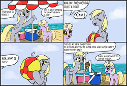 Size: 3101x2107 | Tagged: safe, artist:ciriliko, derpy hooves, dinky hooves, pegasus, pony, g4, air nozzle, beach, beach ball, blowing, comic, creeper, engrish, female, food, grammar error, inflating, mare, muffin, puffy cheeks
