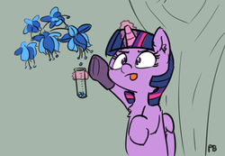 Size: 1280x887 | Tagged: safe, artist:pabbley, twilight sparkle, alicorn, pony, g4, 30 minute art challenge, bipedal, clothes, female, gloves, magic, poison joke, simple background, solo, telekinesis, test tube, tongue out, twilight sparkle (alicorn)