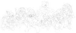 Size: 4000x1767 | Tagged: safe, artist:blackbewhite2k7, applejack, fluttershy, pinkie pie, rainbow dash, rarity, spike, twilight sparkle, g4, arrow, bard, blade, bow (weapon), bow and arrow, cleric, commission, fantasy class, fighter, group, knight, mage, mane seven, mane six, ranger, rogue, rpg, sketch, spear, staff, wand, warrior, weapon, wip