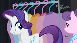 Size: 1100x618 | Tagged: safe, screencap, rarity, suri polomare, pony, g4, rarity takes manehattan, butt, female, hub logo, mare, plot