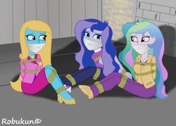 Size: 1023x731 | Tagged: safe, artist:robukun, princess celestia, princess luna, principal celestia, vice principal luna, oc, oc:shine, equestria girls, g4, bondage, cloth gag, damsel in distress, gag, help us, tied up